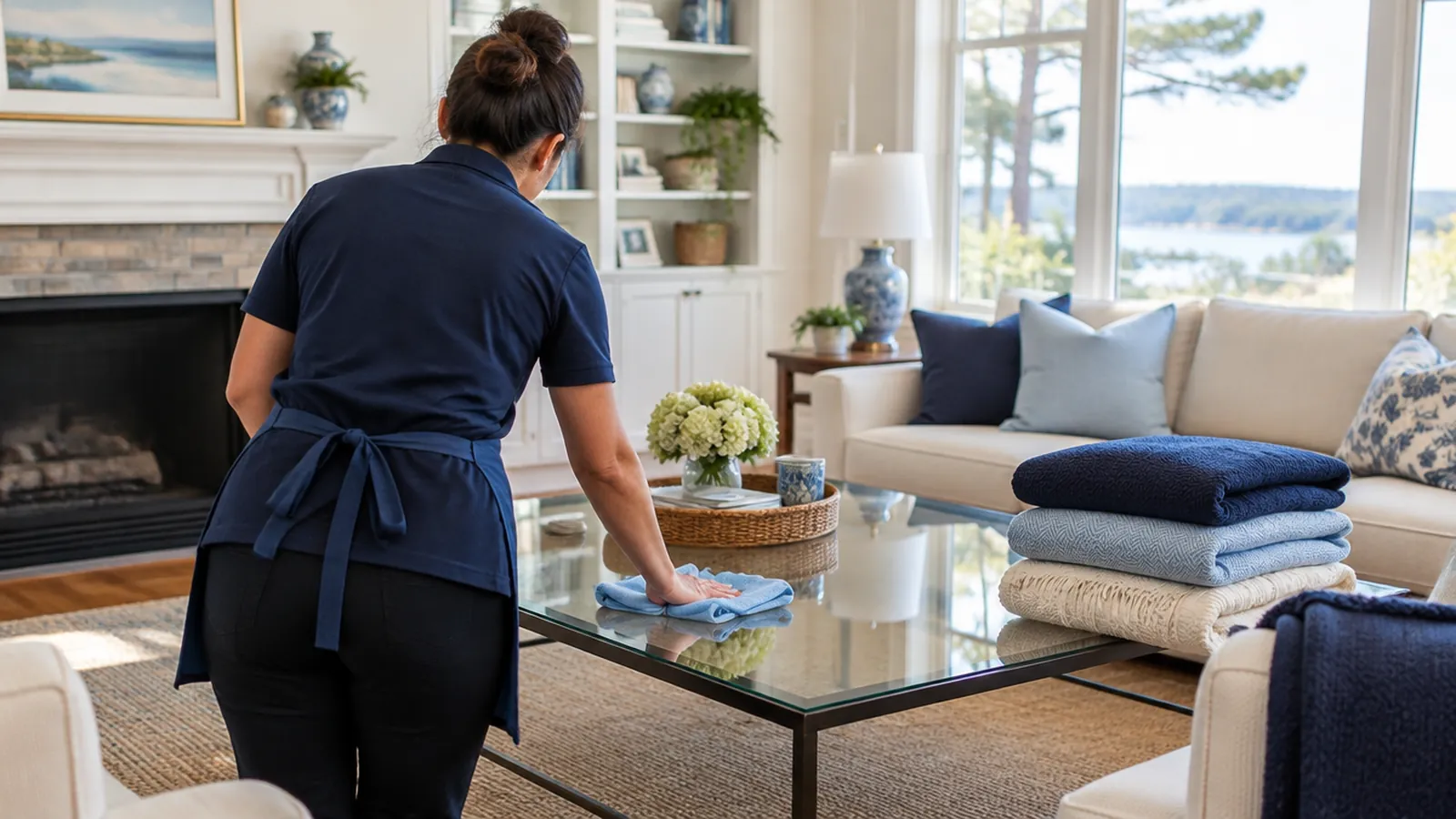 Cleaner wiping a glass coffee table beside folded blankets in a bright family room