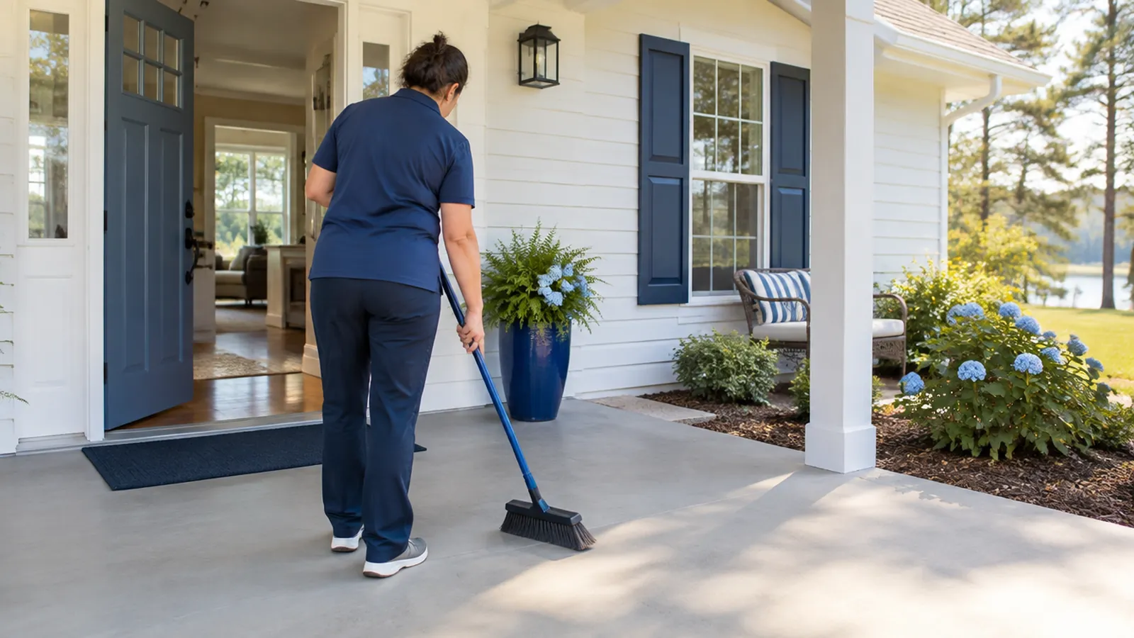 Cleaner sweeping a step-free front porch beside an open front door