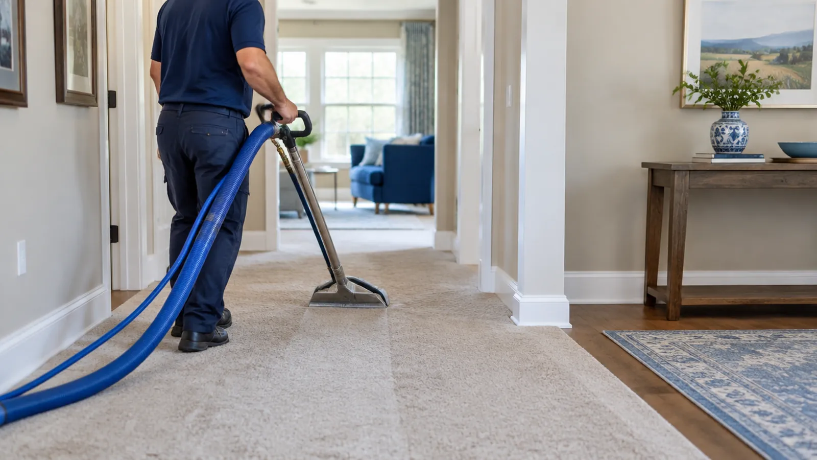 Carpet cleaning machine extracting water from a hallway carpet in a Mocksville house