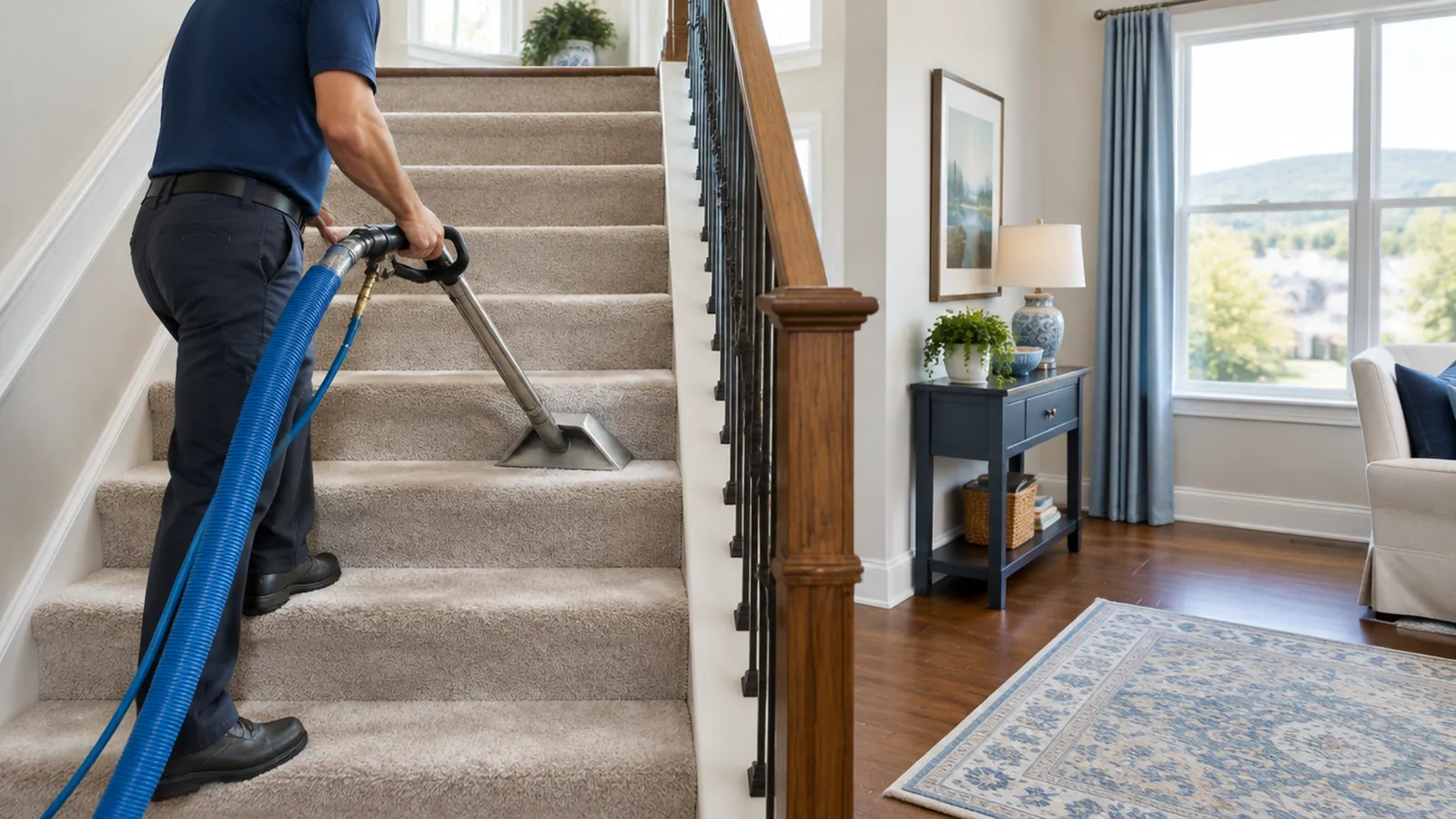 Carpet cleaning wand working along a carpeted staircase in a Statesville home