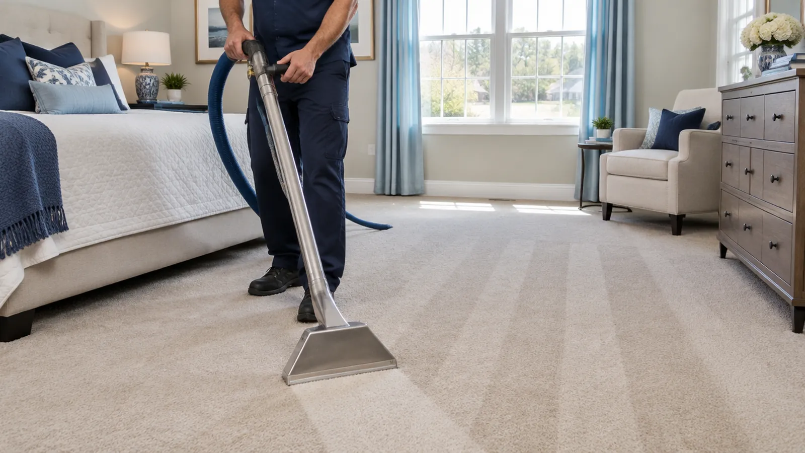 Carpet cleaning wand passing over a beige bedroom carpet leaving clean stripes