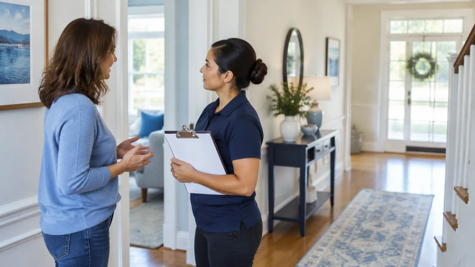Homeowner talking with a cleaner holding a clipboard in a bright hallway
