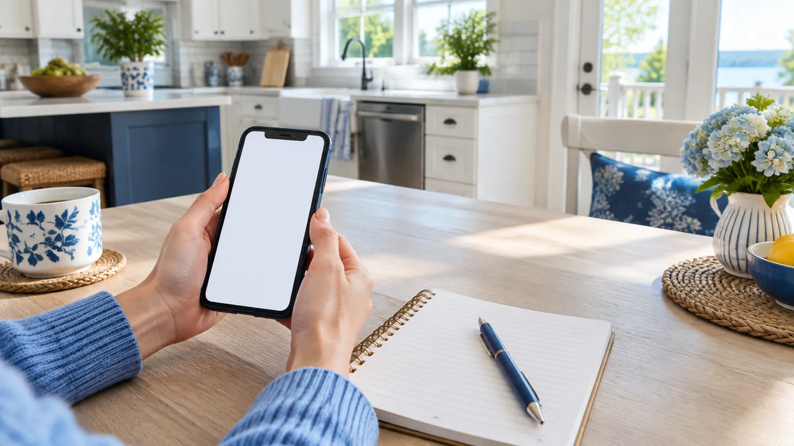 Hands holding a phone over a notepad at a bright kitchen table, ready to call for a cleaning quote