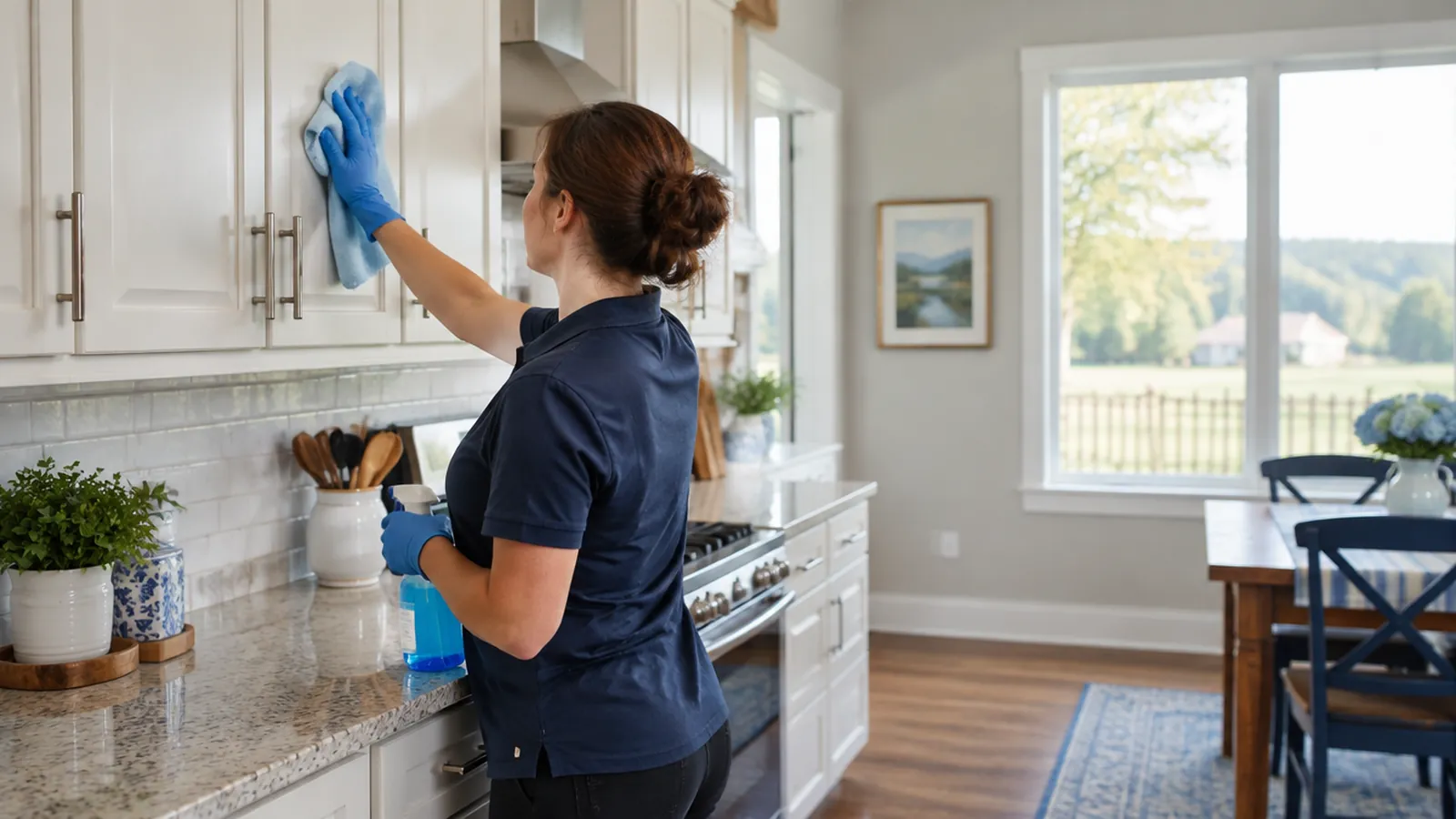 Cleaner wiping kitchen cabinet doors and hardware in a Mocksville house