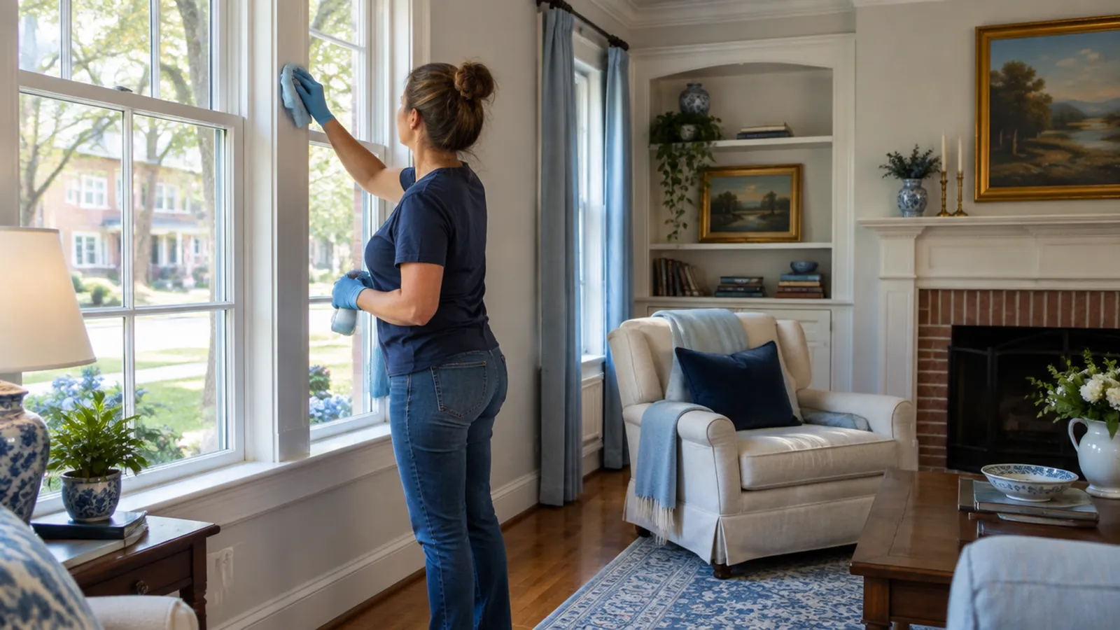 Cleaner detailing painted window trim in an older Statesville living room