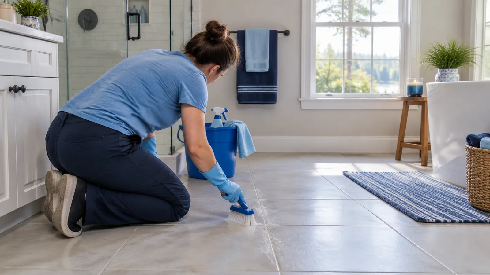 Cleaner scrubbing grout lines on a bathroom floor with a narrow brush