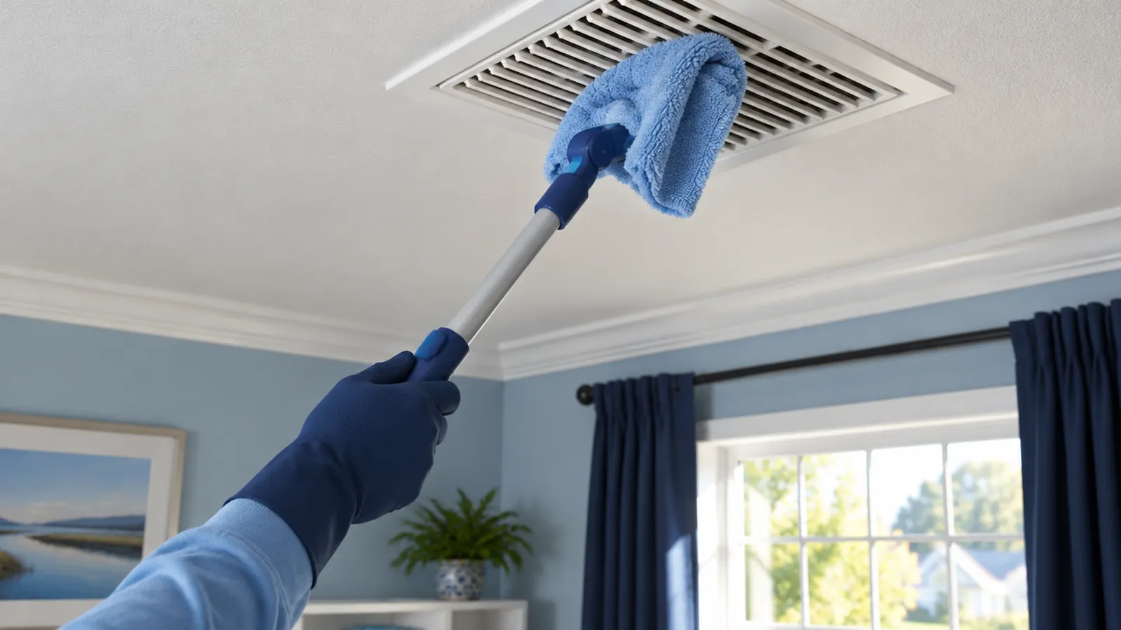 Hand wiping dust from a ceiling vent cover with a microfiber cloth on an extension pole