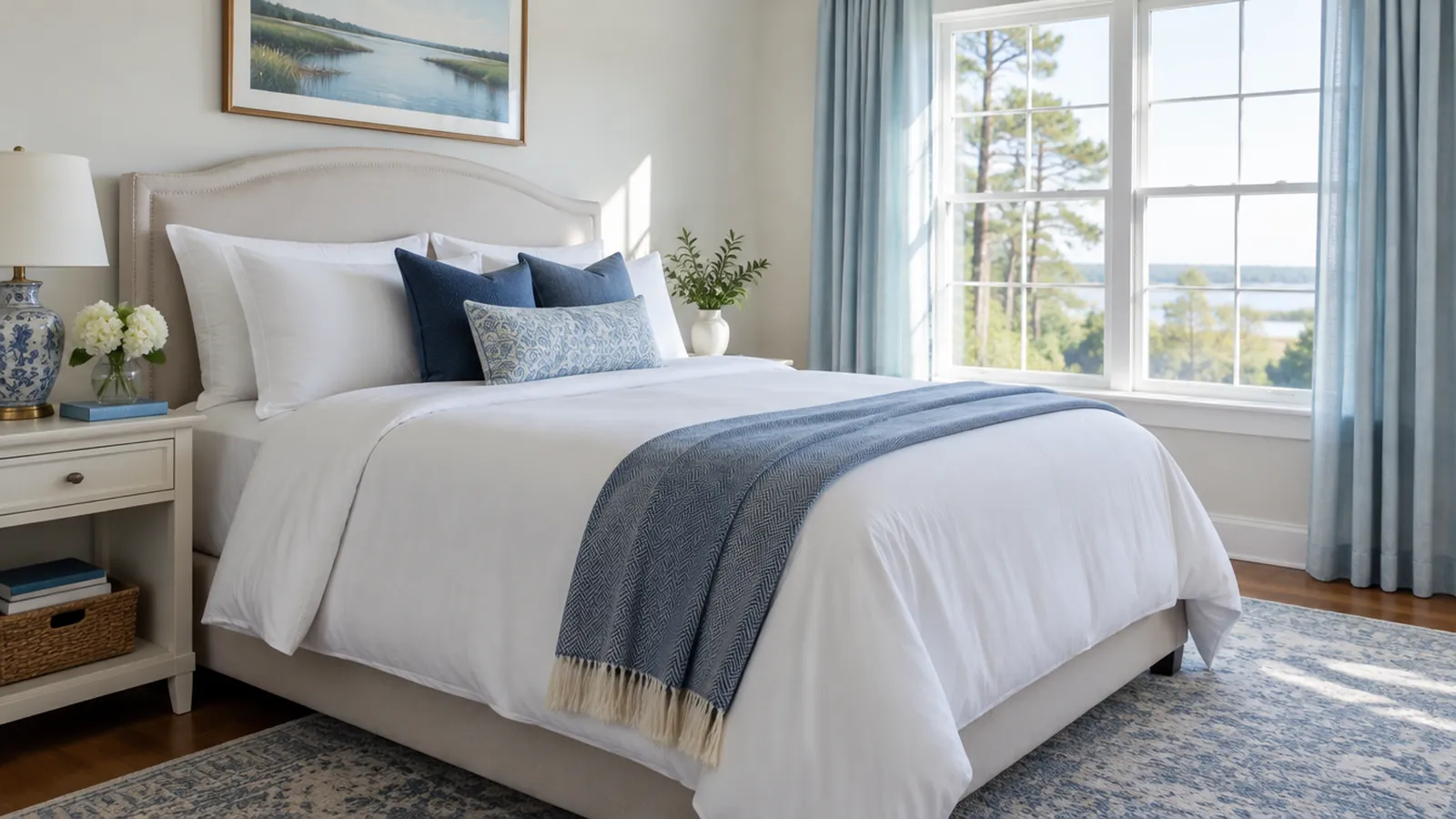 Neatly made bed with a folded throw in a bright guest bedroom