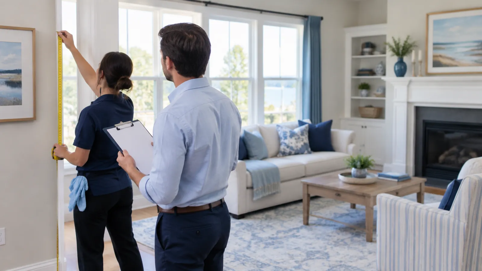 Cleaner measuring a living-room wall while the homeowner notes details on a clipboard