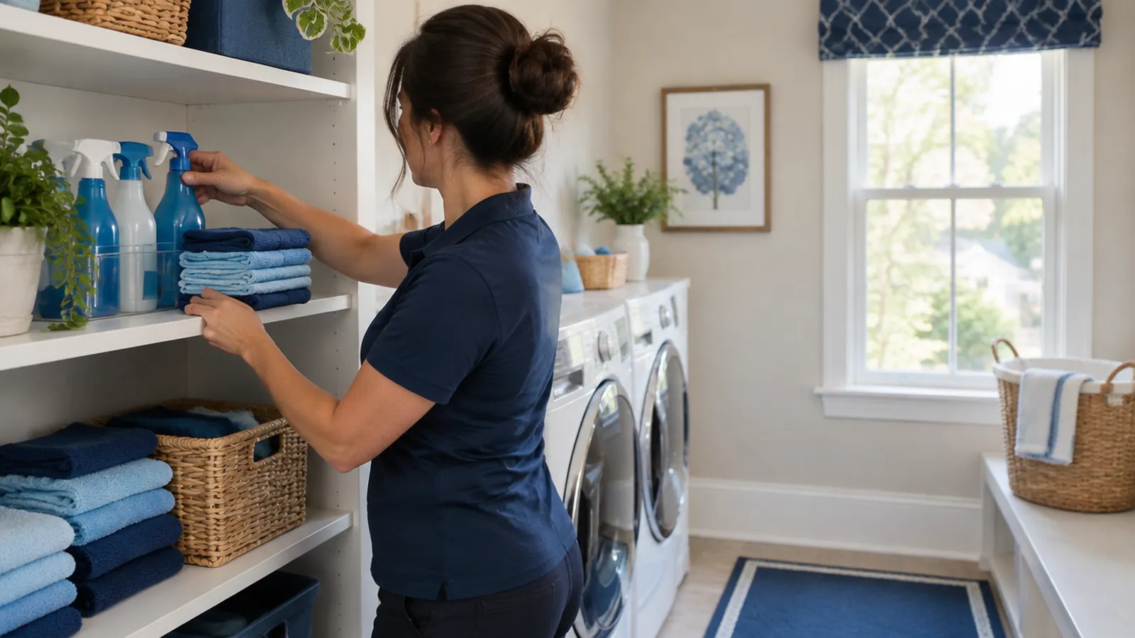 Cleaner arranging folded microfiber cloths and spray bottles on a laundry-room shelf