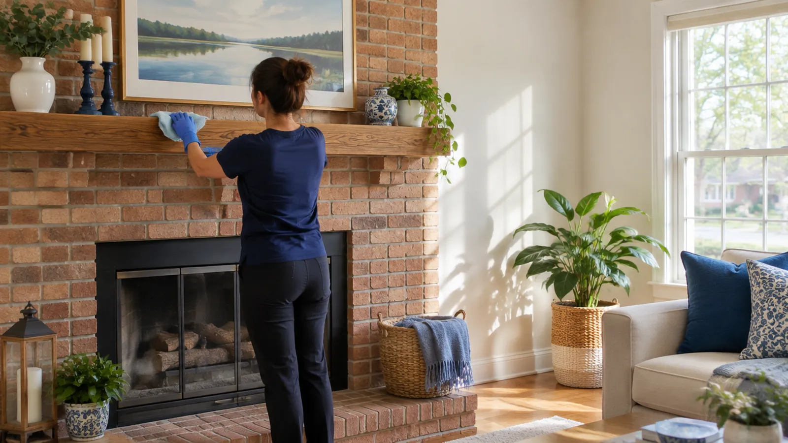 Cleaner dusting a fireplace mantel in a sunlit living room of a one-story Statesville home
