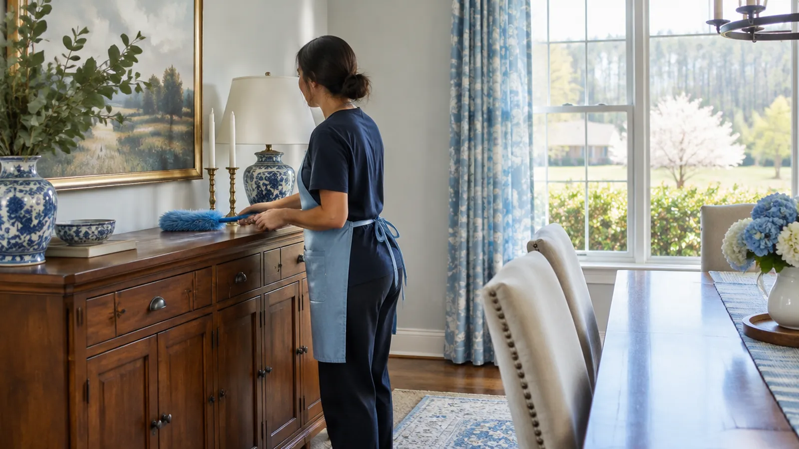 Cleaner dusting a dining-room sideboard in a detached house in Mocksville