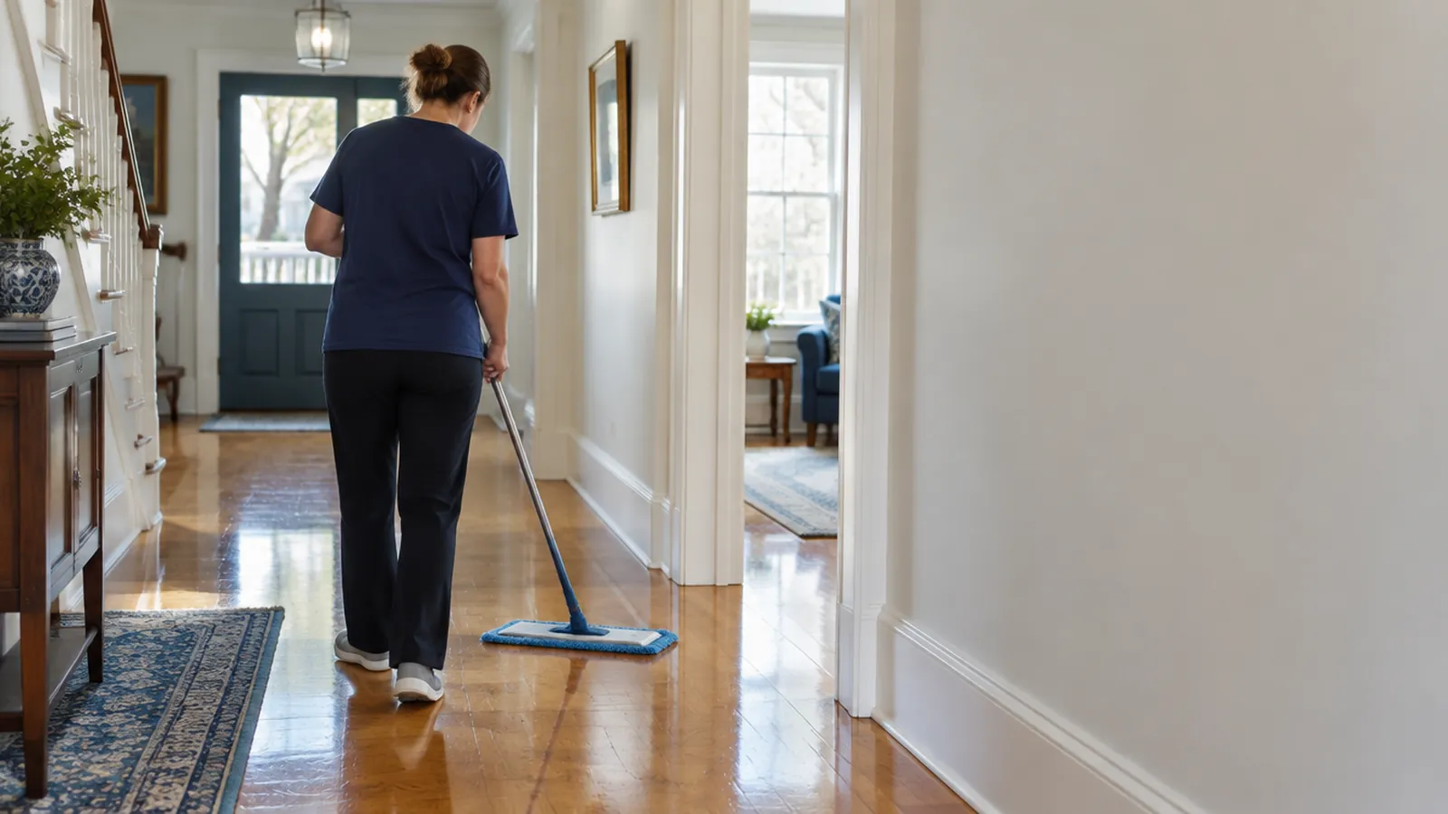 Cleaner mopping a hardwood hallway in an older one-story Statesville house