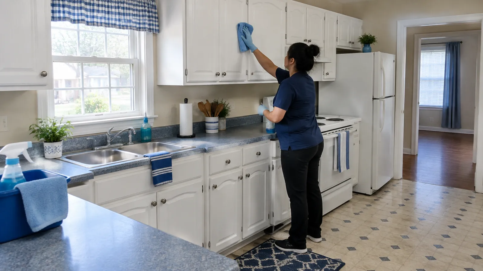 Cleaner wiping kitchen cabinet fronts in a rented Statesville duplex before new tenants arrive
