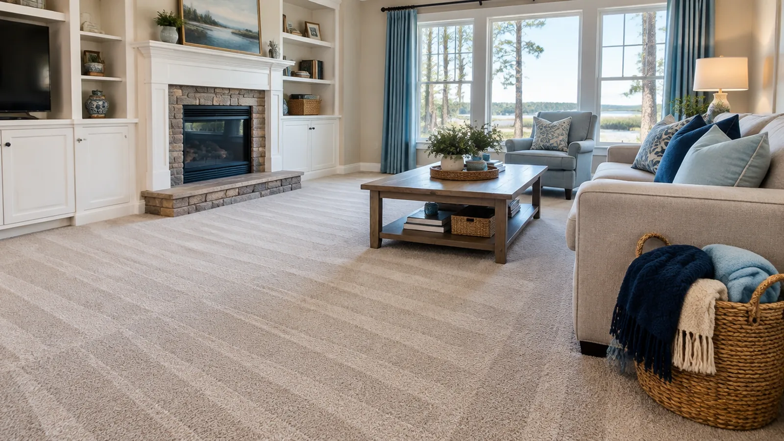 Freshly vacuumed living-room carpet with a basket of folded throws by the sofa