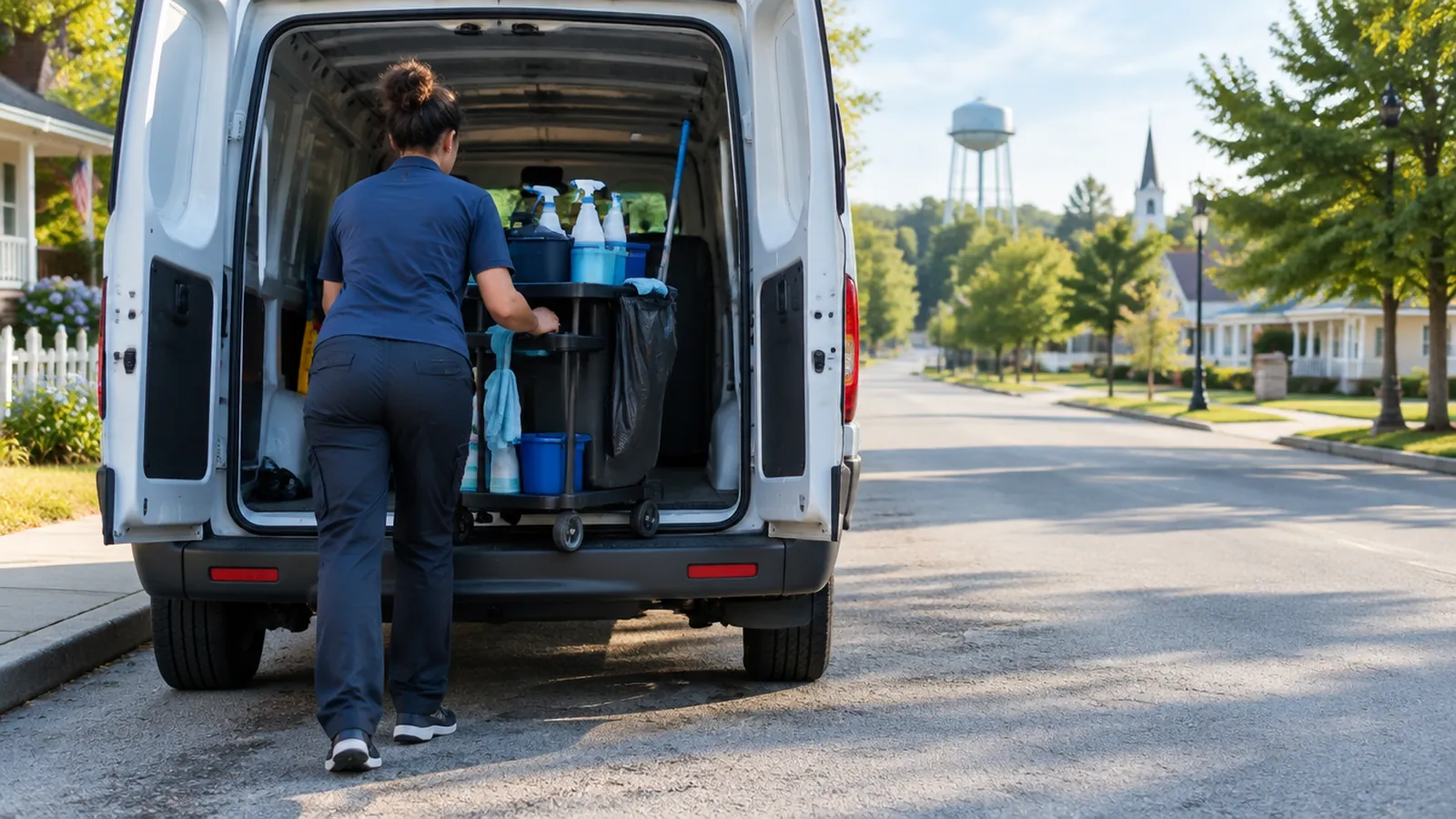 Independent cleaner loading cleaning supplies into a plain white van on a quiet street