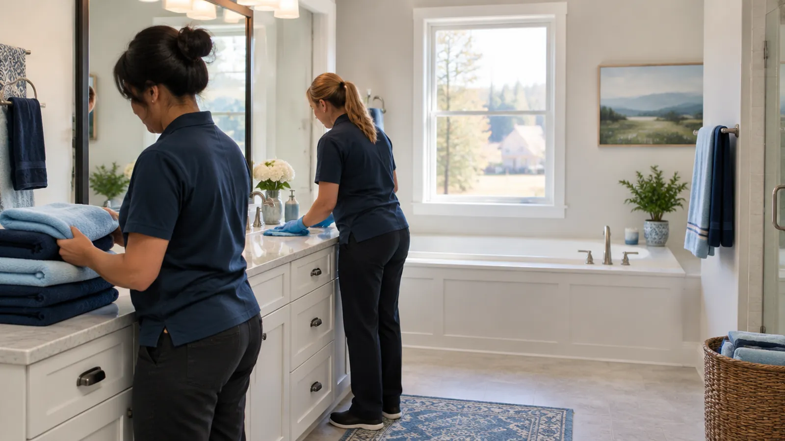 Two cleaners folding towels and wiping a bathroom vanity in a Mocksville home