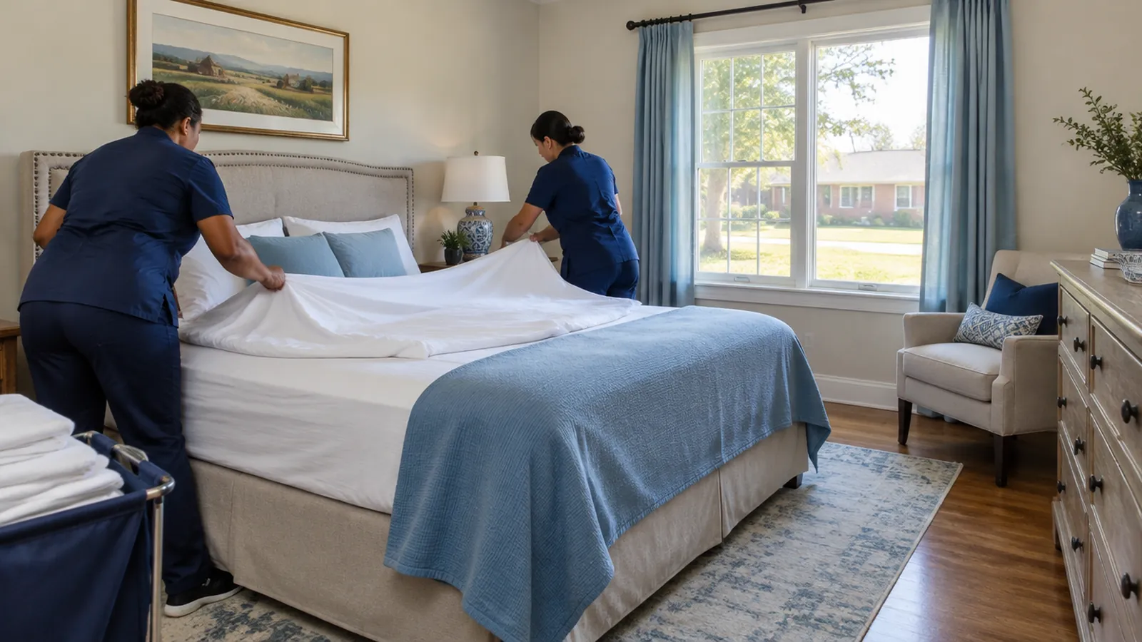 Two cleaners changing bed linen in a bedroom of a Statesville ranch house