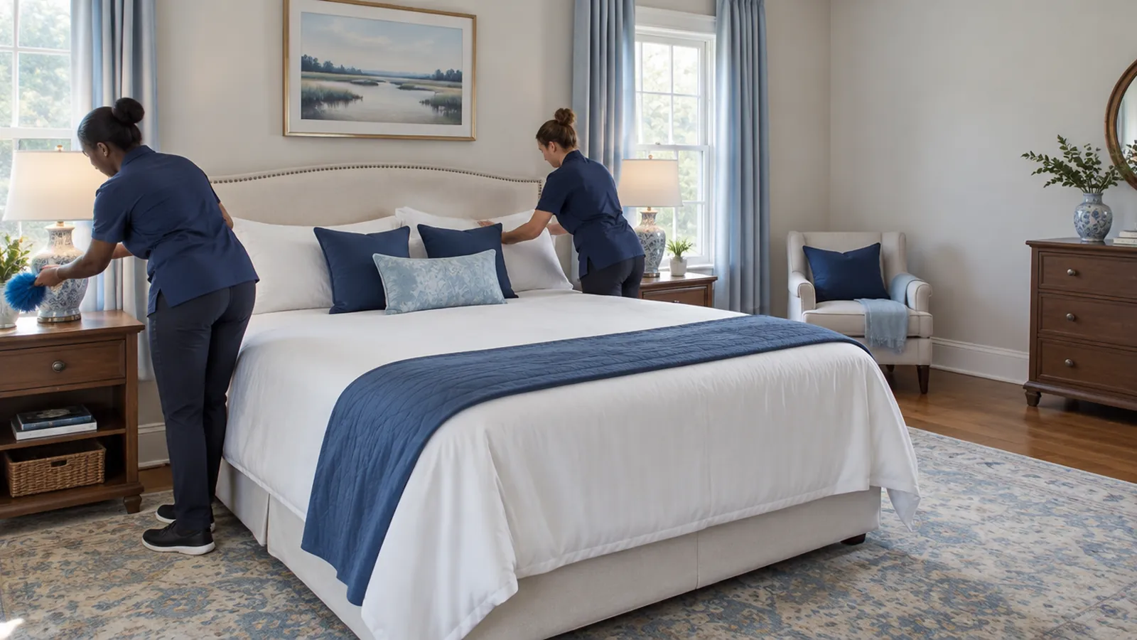 Two cleaners making a bed and dusting nightstands in a guest bedroom