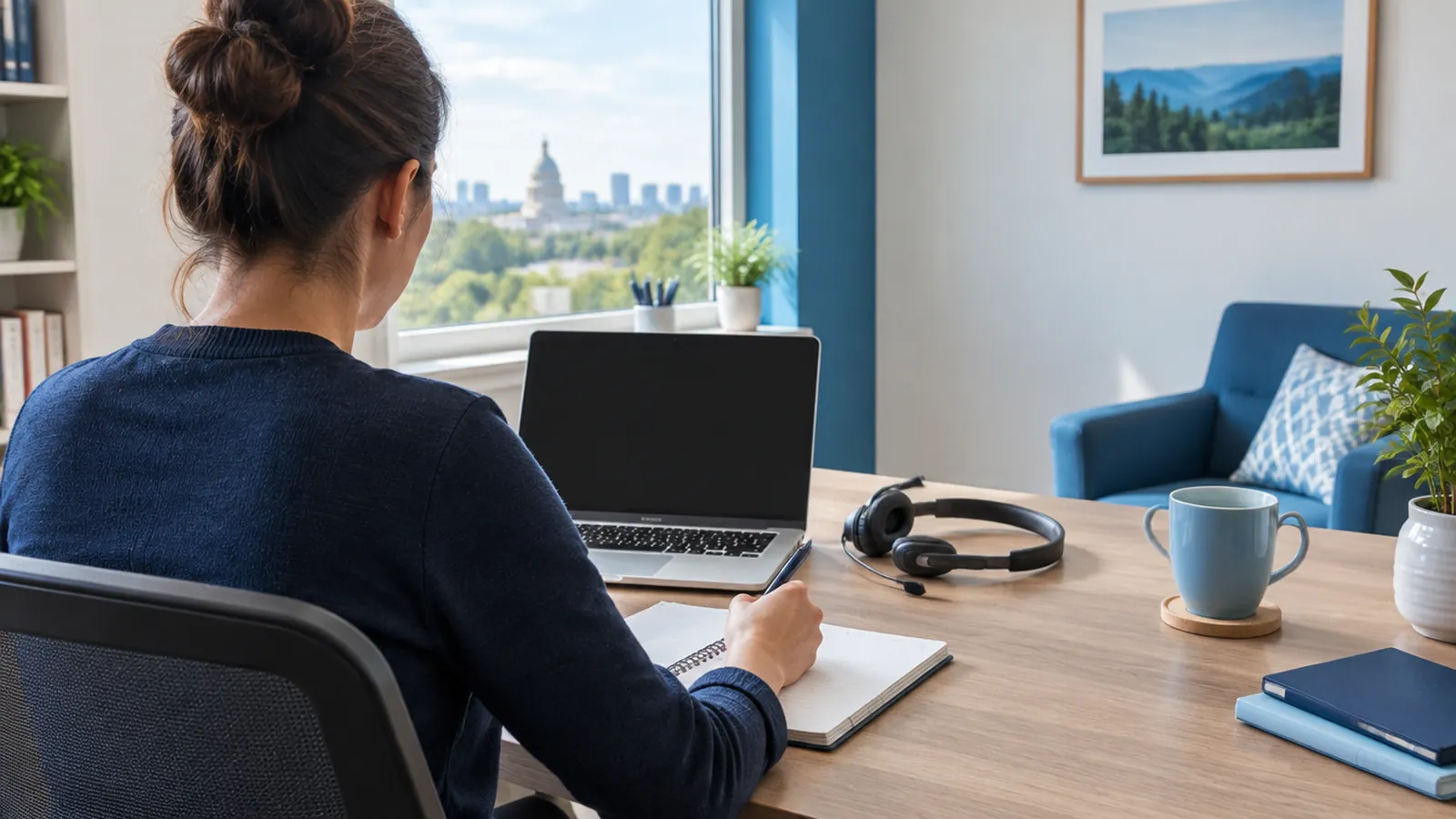 Person taking notes at a desk with a headset beside a laptop in a small office