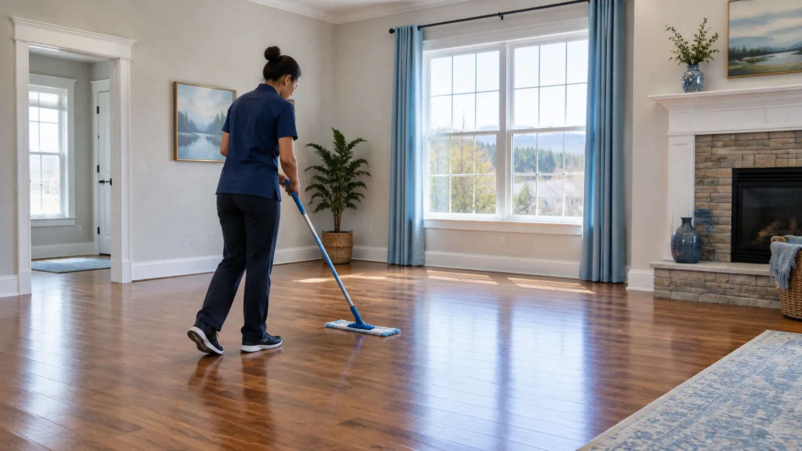 Cleaner mopping the floor of an empty living room in a Mocksville house