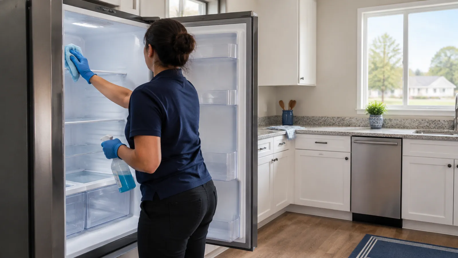 Cleaner wiping the inside of an empty refrigerator in a vacant Statesville rental