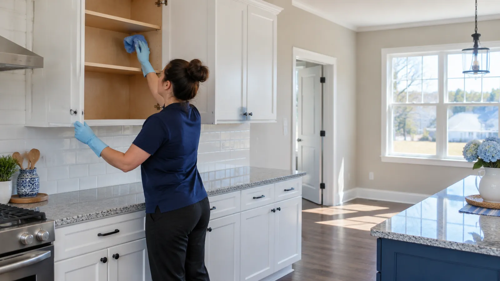 Cleaner wiping the inside of empty kitchen cabinets in a vacant house