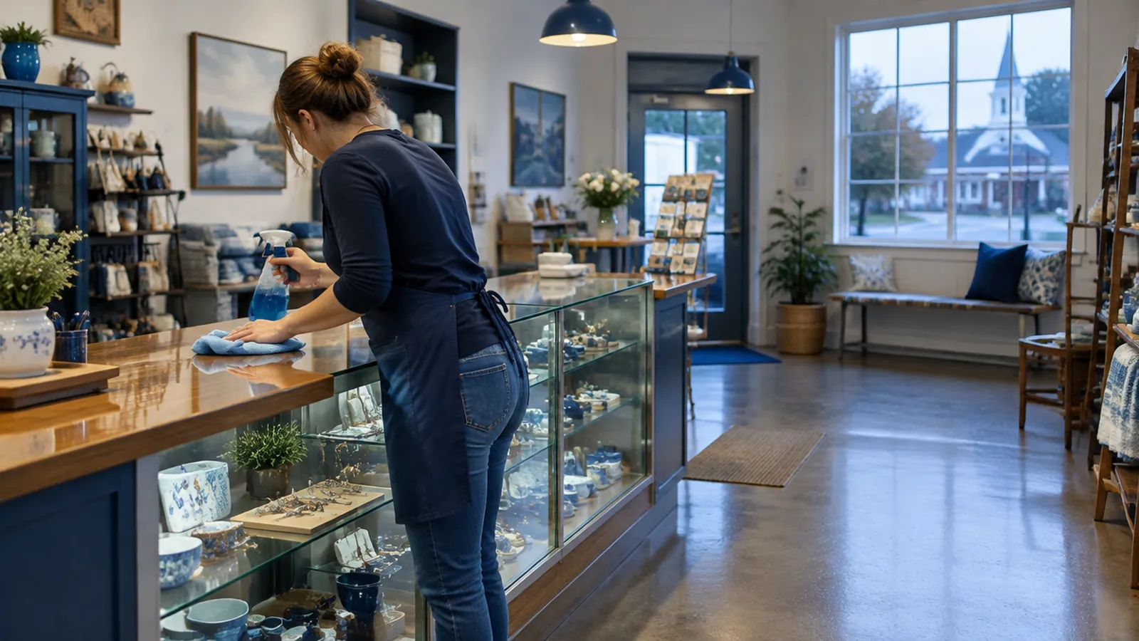 Cleaner wiping a shop counter and glass display case after closing in Mocksville