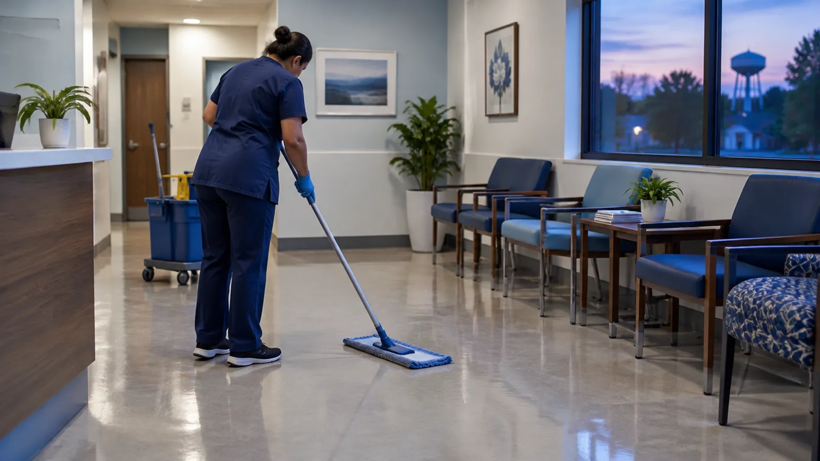 Cleaner mopping the waiting-room floor of a small Statesville medical office in the evening