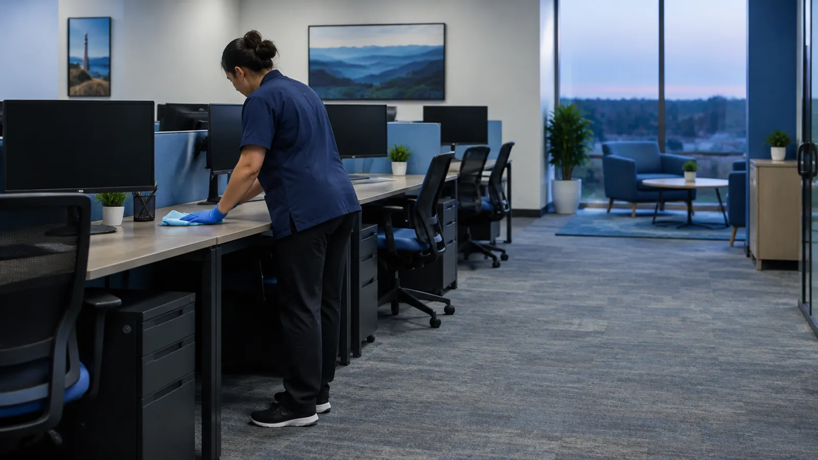 Cleaner wiping desks in a small open-plan office after hours