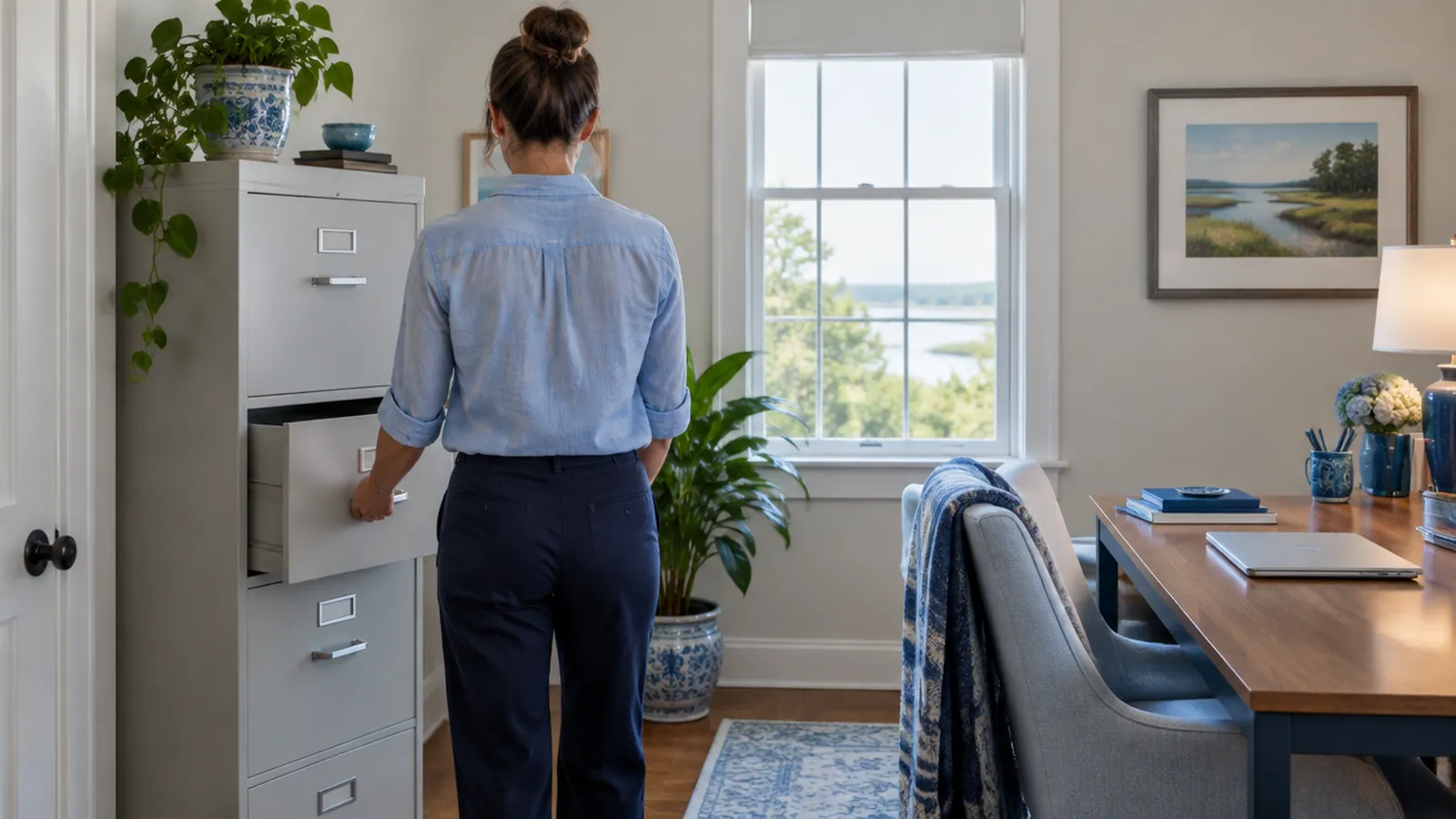 Person closing a drawer of a filing cabinet in a calm home office