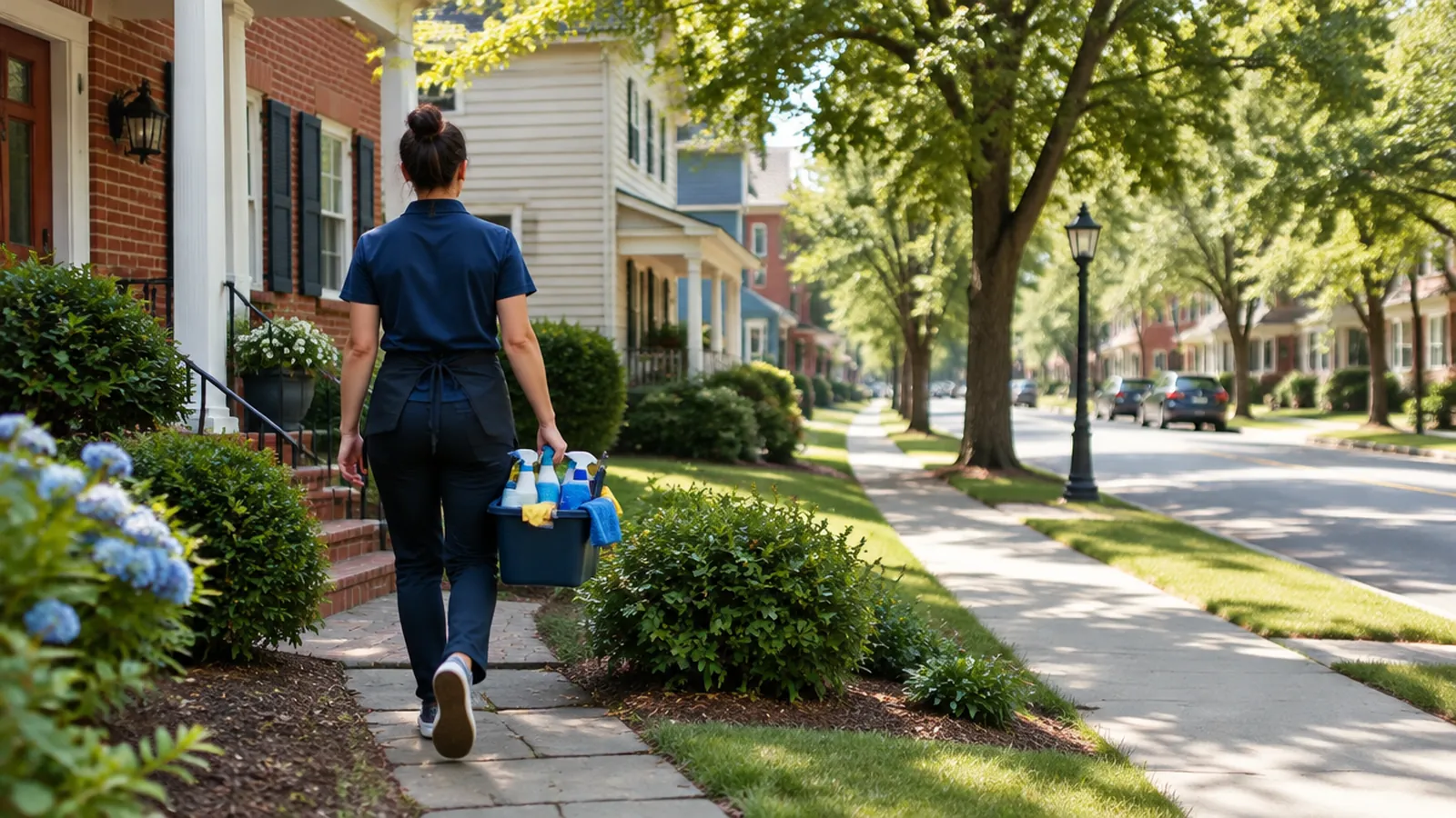 Cleaner carrying a supply caddy up the front path of a house on a tree-lined street