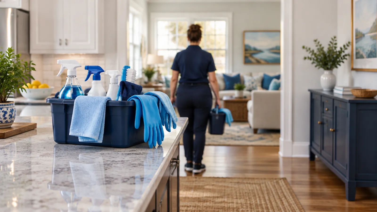 Cleaning caddy with spray bottles and gloves on a kitchen counter while a cleaner heads to the next room