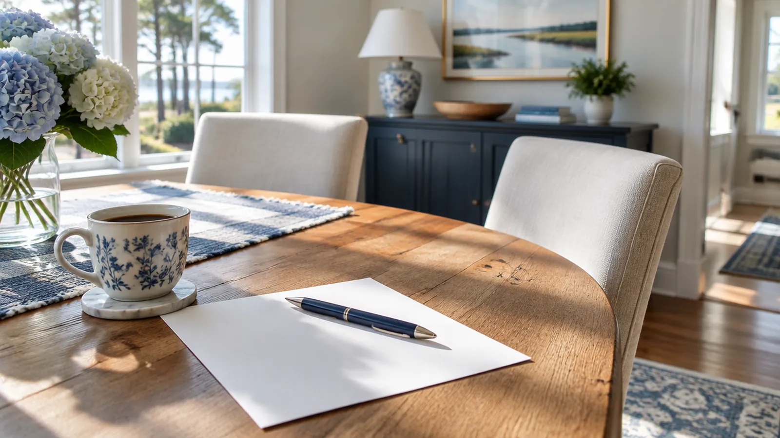Pen resting on a blank sheet of paper beside a cup of coffee on a dining table
