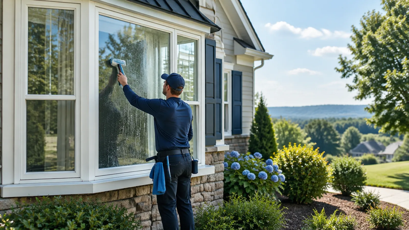 Window cleaner washing the outside of a bay window on a house in Mocksville