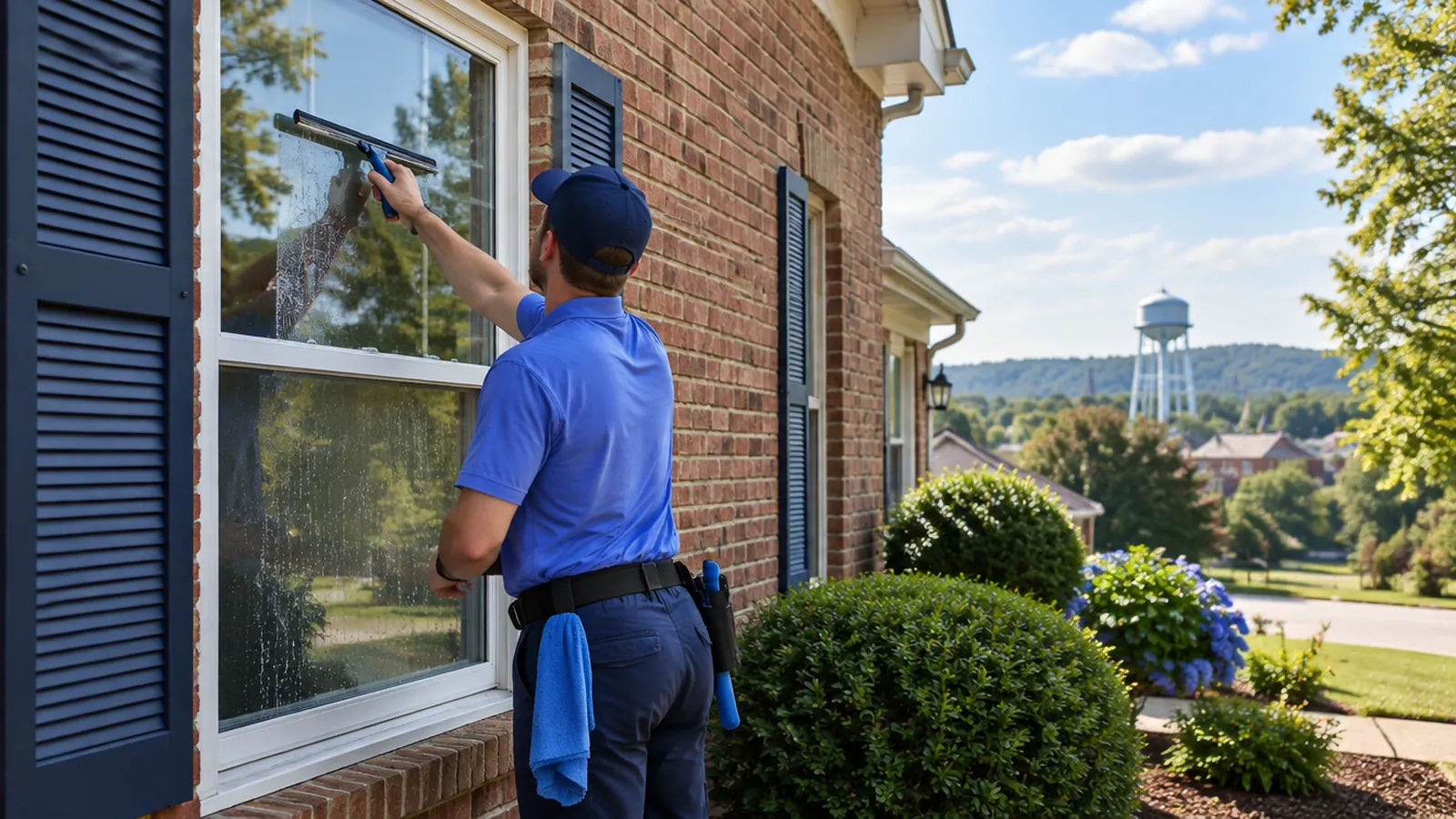 Window cleaner squeegeeing a double-hung window on a brick house in Statesville