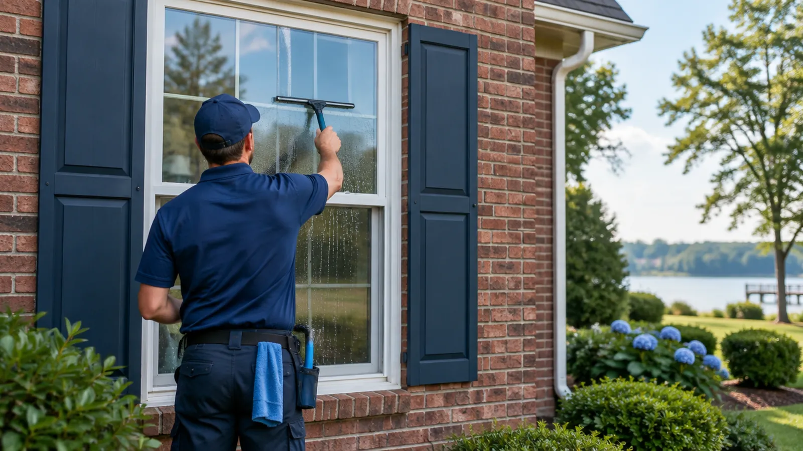 Squeegee clearing water from a double-hung window on a brick house
